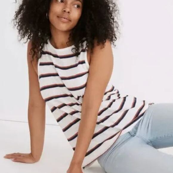Modern Linen Tank Top in Stripe Lighthouse Red Blue White XS - Picture 1 of 6